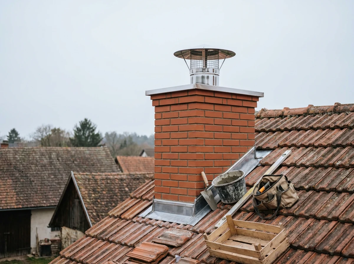Nový cihlový komín na střeše s nerezovou stříškou