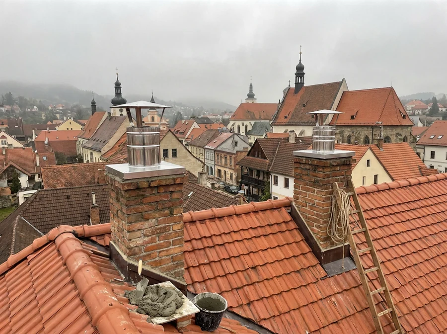 Dva opravené komíny na střeše nad městem