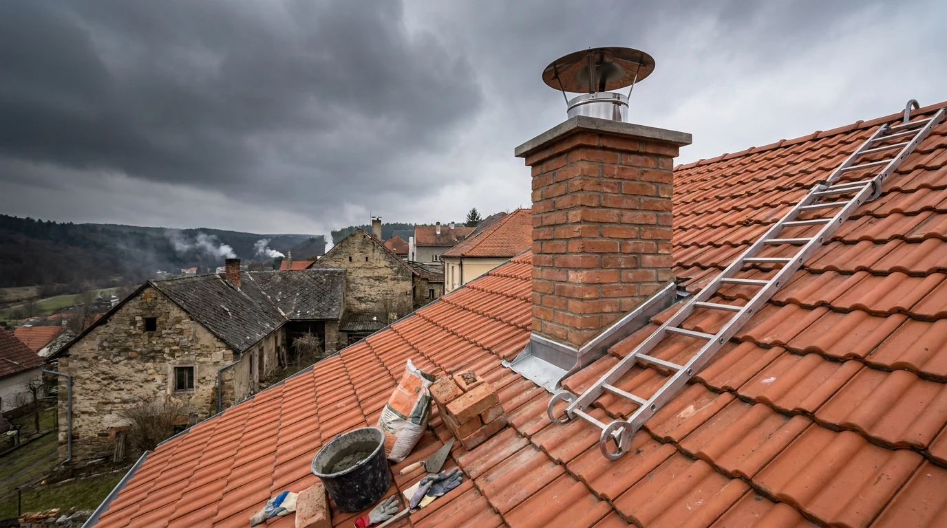 Cihlový komín na střeše s nerezovou stříškou a žebříkem