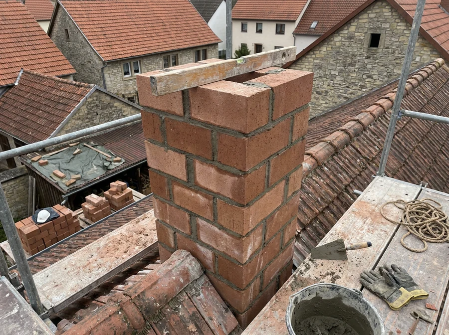Rozestavěný komín nad střechou, vodováha na horní řadě